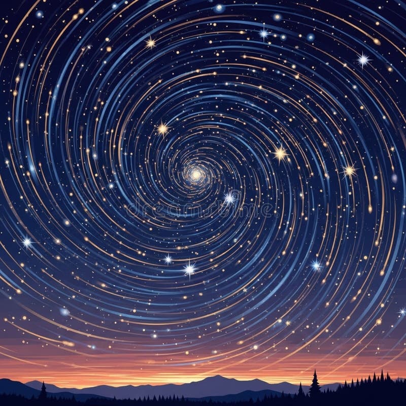 Spiral star trails in a deep blue night sky create a mesmerizing vortex effect vector illustration