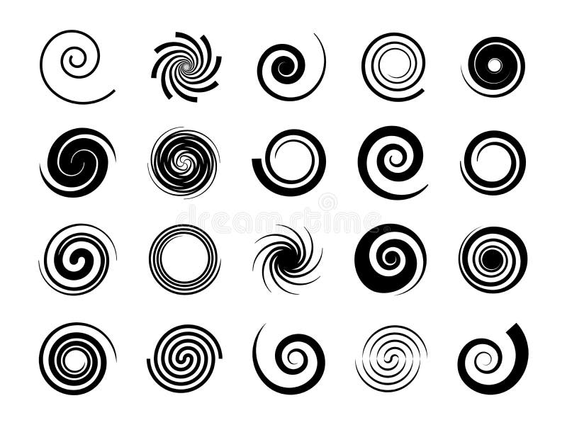 Spirals. Twisted swirl, circle twirl and circular wave elements, psychedelic hypnosis symbols, black geometric digital drawing, vector set of round graphic spin shapes. Spirals. Twisted swirl, circle twirl and circular wave elements, psychedelic hypnosis symbols, black geometric digital drawing, vector set of round graphic spin shapes