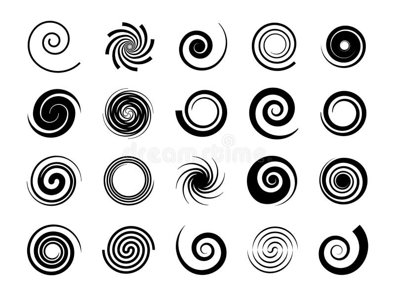 Spiralen Draaiende draai, cirkeldraai en cirkelgolfelementen, psychedelische hypnose-symbolen, zwart geometrisch digitaal
