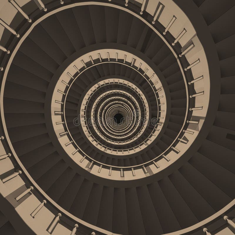 A spiraling staircase viewed from above creates a striking vortex effect. The staircase vector illustration