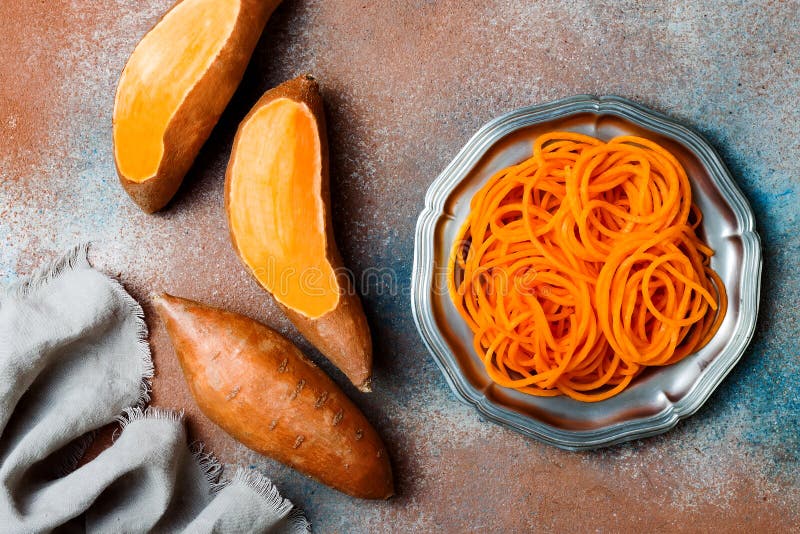 Spiralized Sweet Potato Spaghetti. Low Carb Vegetable Pasta Cooking