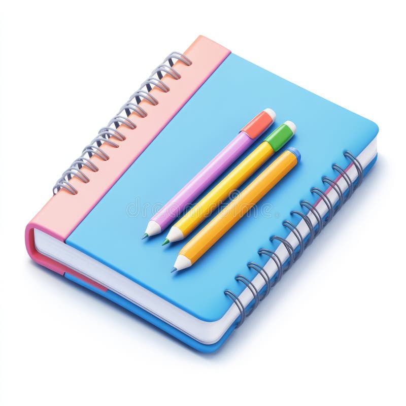SpiralNotebook mit farbigen Stiften und Stiften im weißen Hintergrund stock abbildung