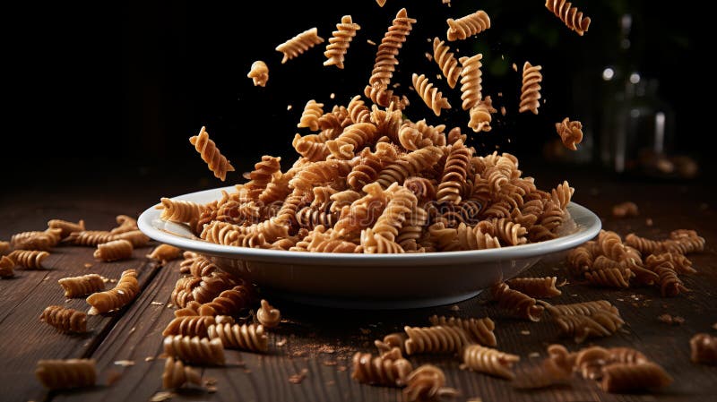Spirals of pasta dance in the air while surrounded by rustic wood textures. Generative AI royalty free stock photo