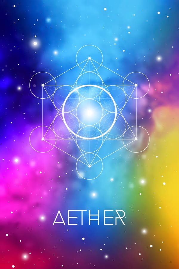 Spirit element symbol inside Metatron Cube and Flower of Life in front of outer space cosmic background. Aether sacred geometry royalty free illustration Spirit element symbol inside Metatron Cube and Flower of Life in front of outer space cosmic background. Aether sacred geometry royalty free illustration