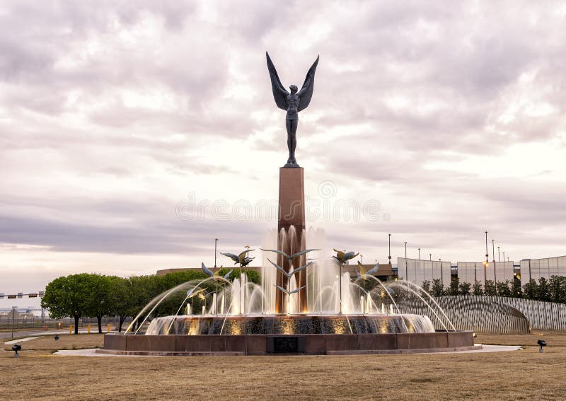 Pictured is The Spirit of Flight Bronze located at Love Field in Dallas, Texas.  It was created in 1961 by American sculptor and teacher Charles Umlauf.  He won a contest for the sculpture commission authorized by the Dallas Historical Commission and funded by Leo Corrigan and the City of Dallas.  Robert Perry was the design architect for the pools and obelisk.  The full sculpture consists of a twenty-three foot obelisk, a seventeen foot winged man, and six groups of three birds. Pictured is The Spirit of Flight Bronze located at Love Field in Dallas, Texas.  It was created in 1961 by American sculptor and teacher Charles Umlauf.  He won a contest for the sculpture commission authorized by the Dallas Historical Commission and funded by Leo Corrigan and the City of Dallas.  Robert Perry was the design architect for the pools and obelisk.  The full sculpture consists of a twenty-three foot obelisk, a seventeen foot winged man, and six groups of three birds.