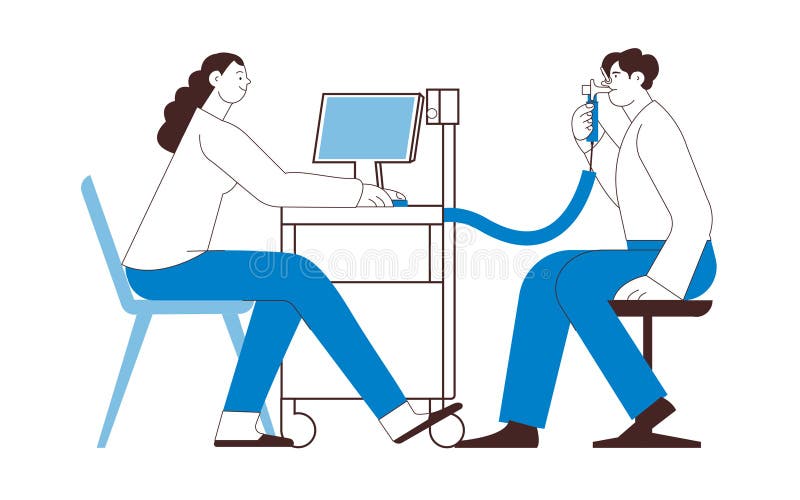 Spirometria. badanie czynności płuc. lekarz specjalista z pacjentem płci męskiej wykonuje spirometrię w laboratorium lub biurze. ilustracji