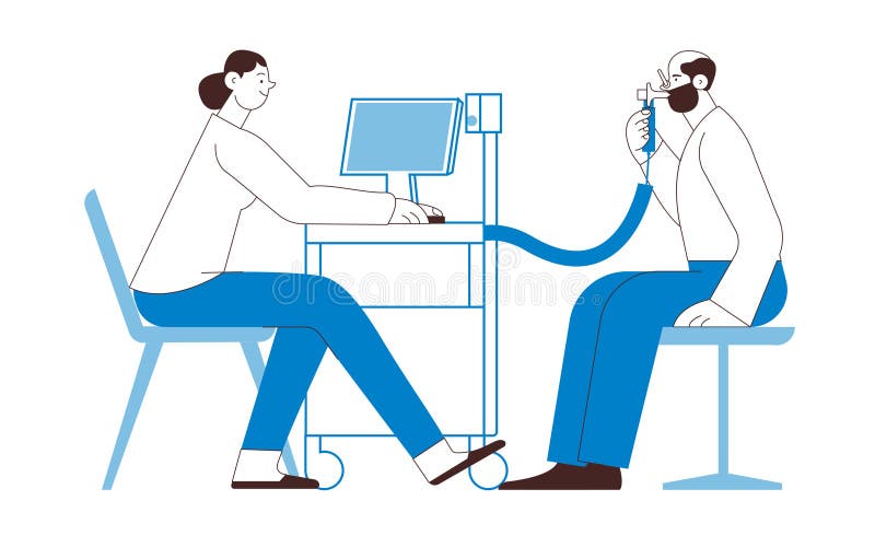 Spirometria. badanie czynności płuc. lekarz specjalista z pacjentem płci męskiej wykonuje spirometrię w laboratorium lub biurze. ilustracja wektor
