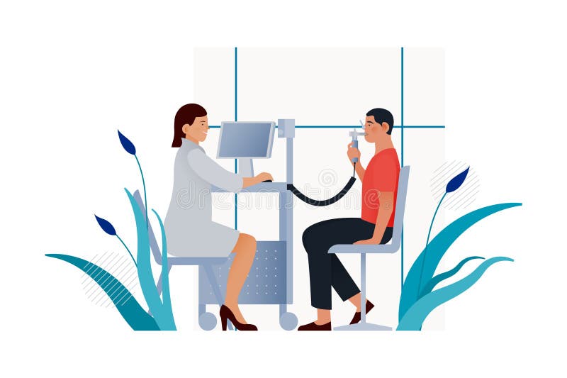 Spirometria. lekarz specjalista z pacjentem płci męskiej wykonuje spirometrię w laboratorium lub biurze. szablon banera serwisu WW royalty ilustracja