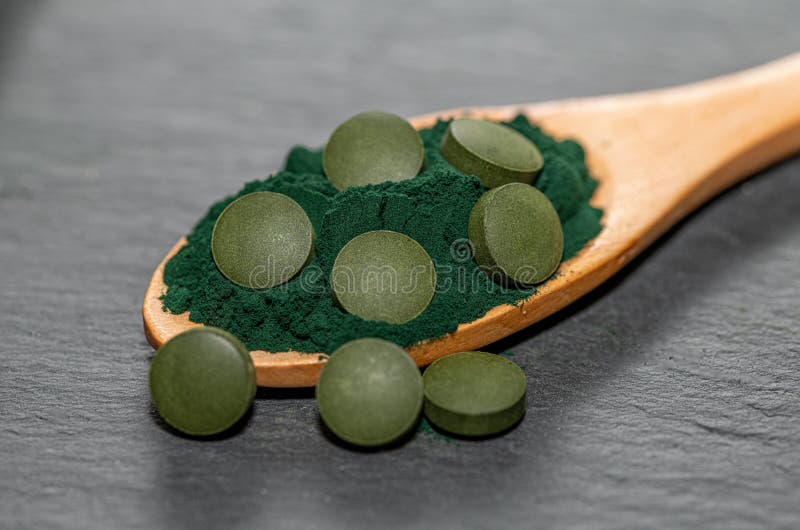 Spirulina Algae Powder, Close Up.Macro, Selective Focus Stock Photo