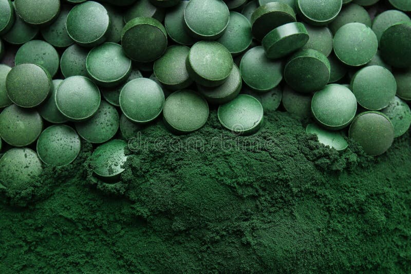 Spirulina Tablets with Powder, Top View Stock Image Image of pills