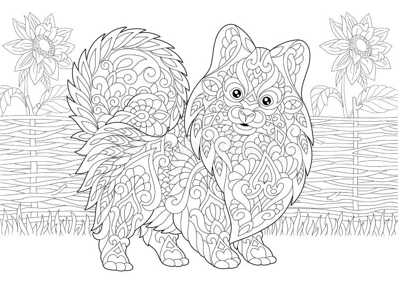 Spitz e girasoli pomeranian di Zentangle illustrazione vettoriale Spitz e girasoli pomeranian di Zentangle illustrazione vettoriale
