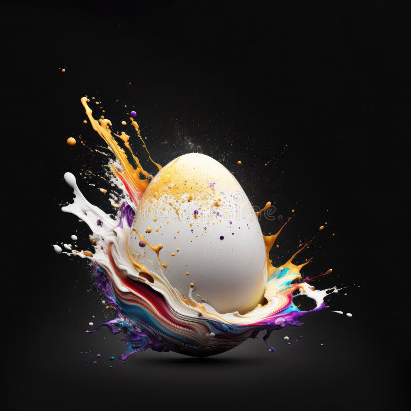 Splash of Bright Paint on a White Egg on a Black Background Stock