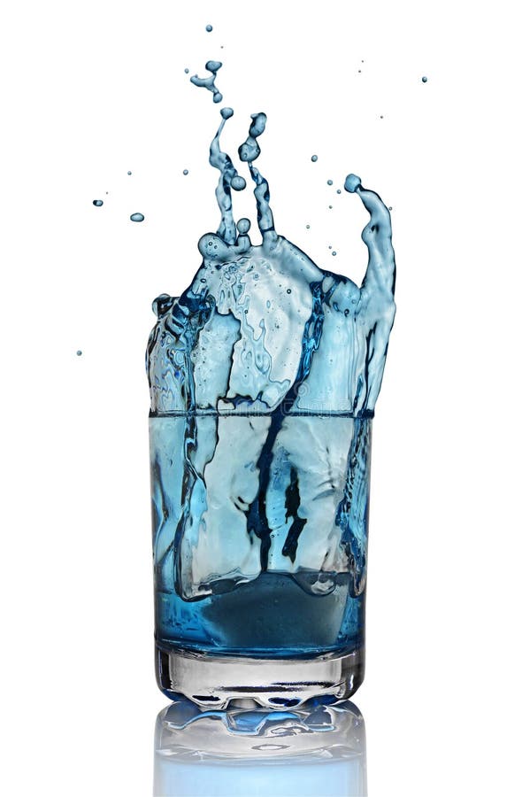 Splash in Glass of Blue Alcoholic Cocktail Drink with Ice Cube Stock