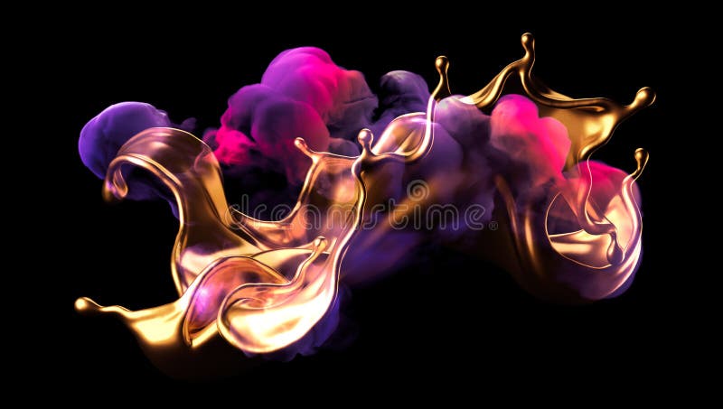 Splash of gold and smoke on a black background. 3d illustration, 3d rendering