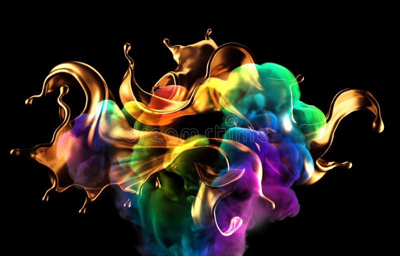 Splash of gold and smoke rainbow color on a black background. 3d illustration, 3d rendering