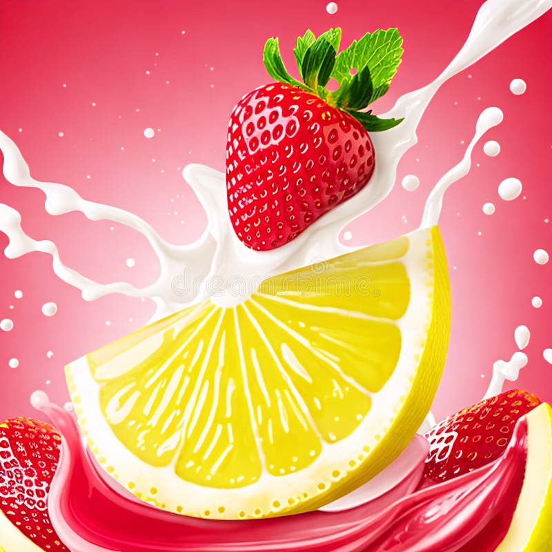A splash of milk with lemon and strawberry on pink background. AI-generated, Generative AI. vector illustration