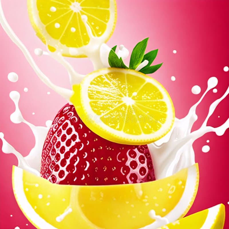 Milk splash with lemon and strawberry on pink background. AI-generated, Generative AI. royalty free illustration