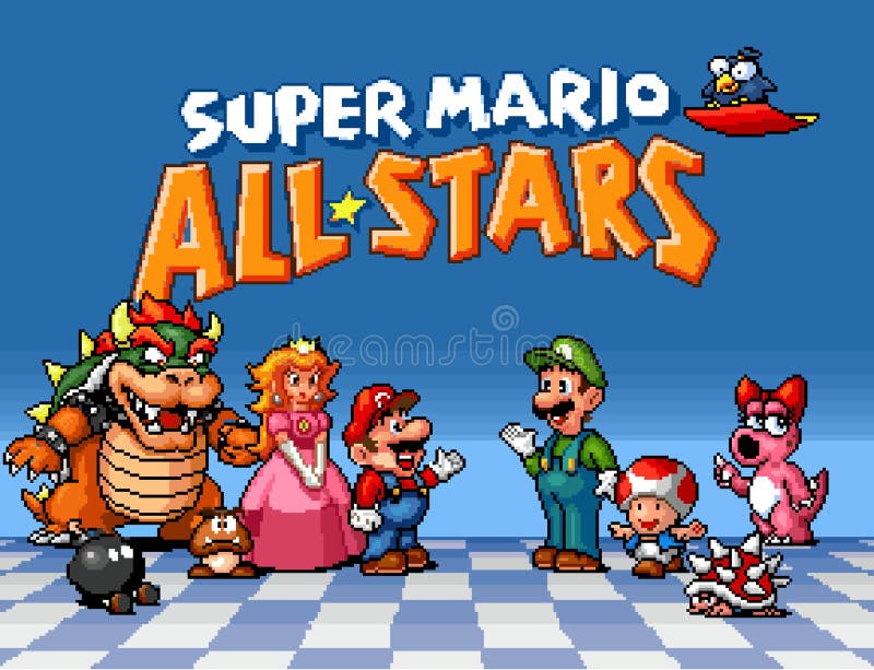 Splash Screen of 16-bit Super Mario All Stars classic video games collection, developed by Nintendo, pixel design vector