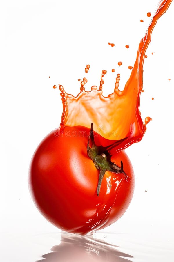 Splash with splatter from juice from a tomato on a white background. Vitamins, healthy food. AI generated. royalty free stock photo Splash with splatter from juice from a tomato on a white background. Vitamins, healthy food. AI generated. royalty free stock photo