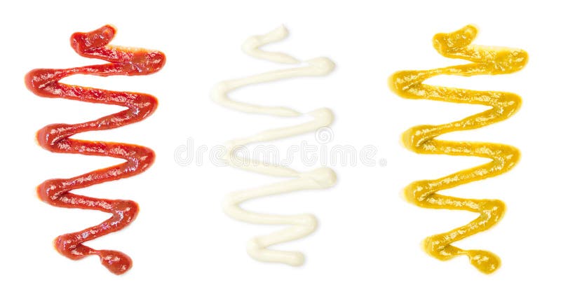 A splash of tomato ketchup, mayonnaise and mustard. Top view. Isolated on a white background.