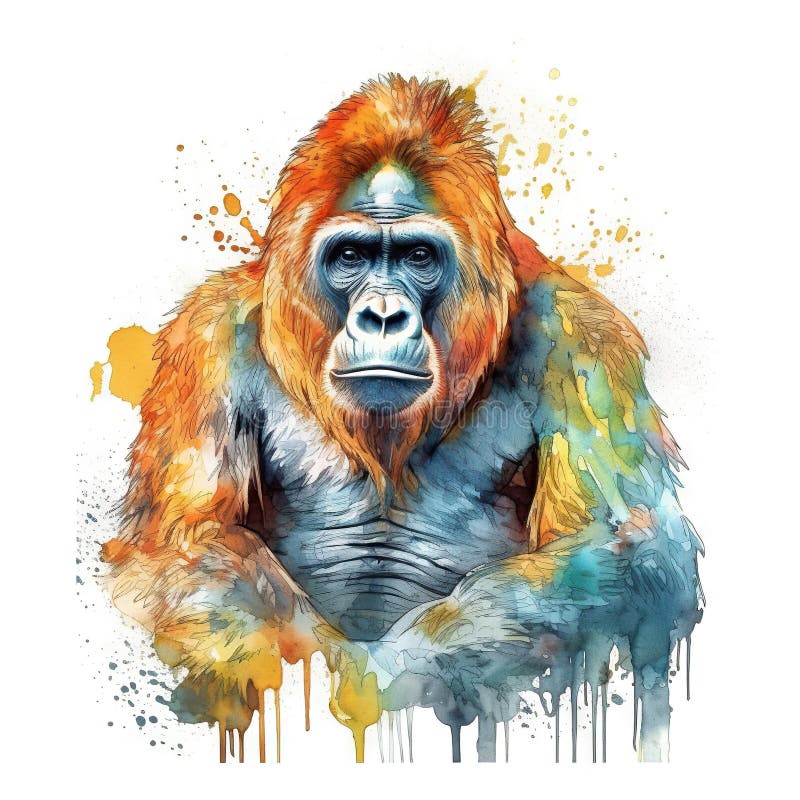 Splash watercolor monkey illustration - generative AI, stock photo.