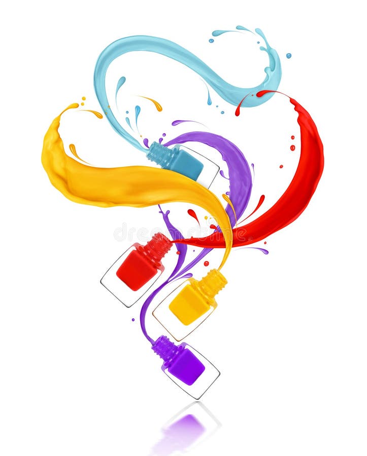 Splashes of colorful nail polishes poured from bottles on white royalty free stock photos Splashes of colorful nail polishes poured from bottles on white royalty free stock photos