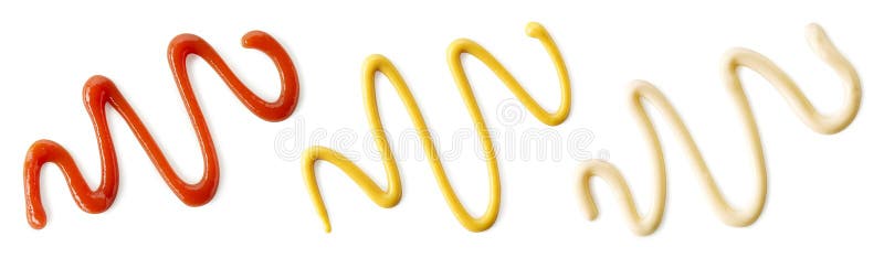 Splashes of tomato ketchup, mayonnaise and mustard