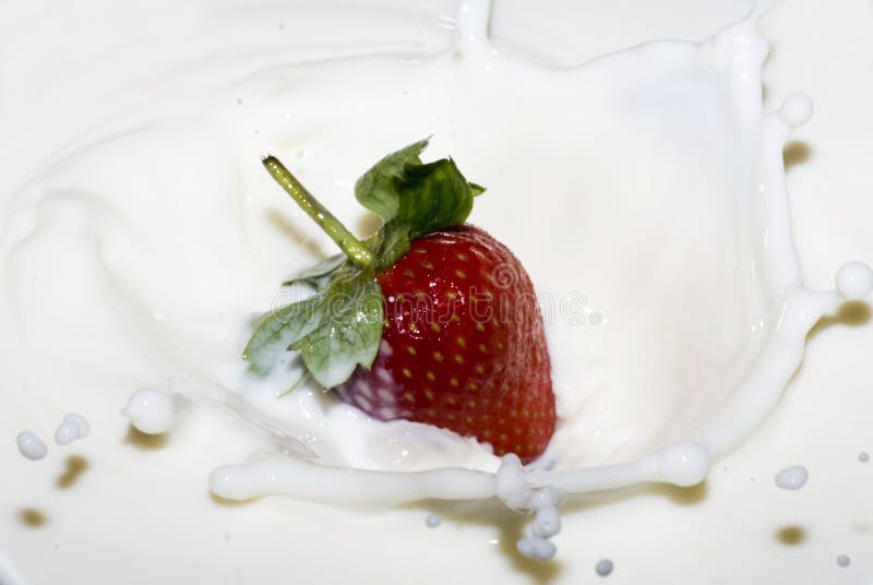 Splashing strawberry into a milk