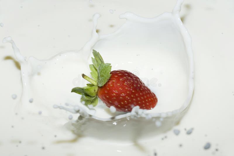 Splashing strawberry into a milk