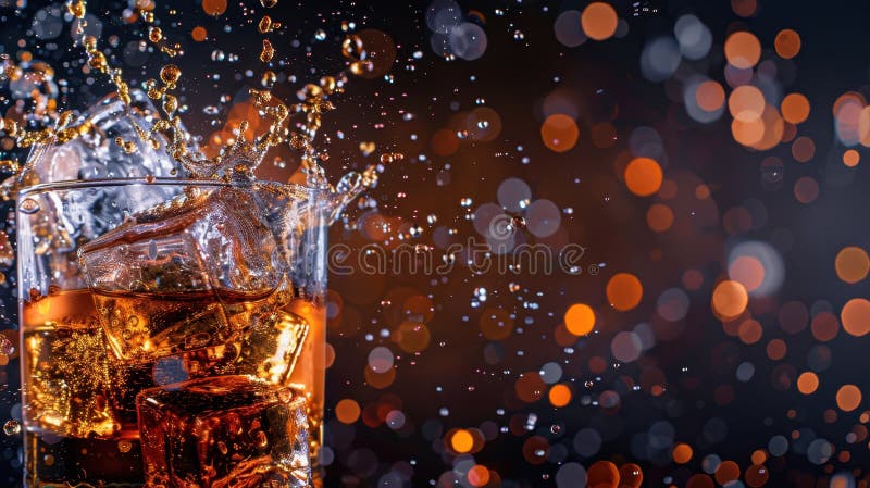 Whiskey splashing with ice cubes in a glass against a bokeh background. image. Bokeh whiskey stock images, royalty-free photos and pictures