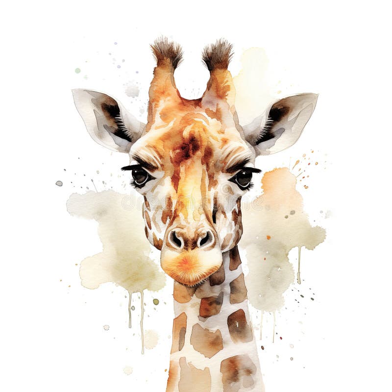Splendida faccia di giraffa isolata su fondo bianco. disegno a colori dell'acqua digitale illustrazione di stock