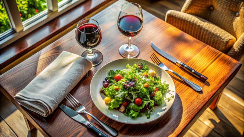 Splendide Fine Dining Experience Overhead View of a Gourmet Ata and Wine Pairing stock illustration
