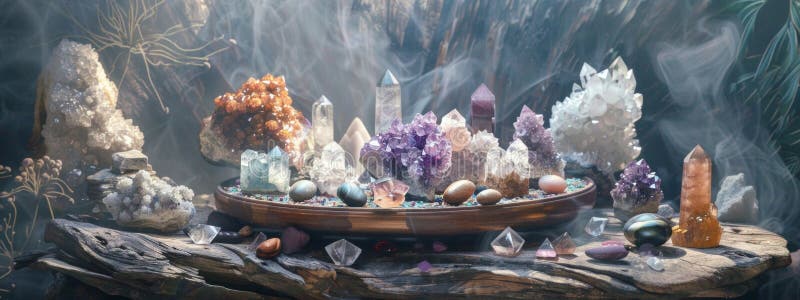 Beautiful esoteric and mystical altar for meditation with crystals and semi-precious stones AI generated. Beautiful esoteric and mystical altar for meditation with crystals and semi-precious stones AI generated