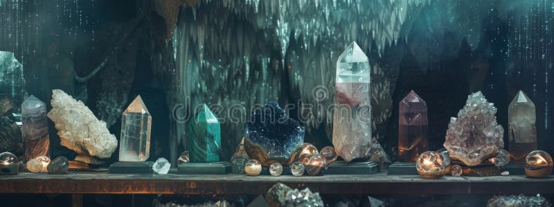 Beautiful esoteric and mystical altar for meditation with crystals and semi-precious stones AI generated. Beautiful esoteric and mystical altar for meditation with crystals and semi-precious stones AI generated