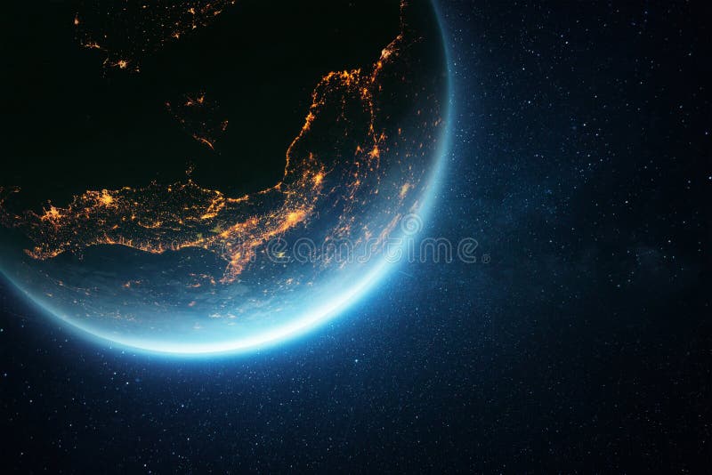 Splendido pianeta terra con un bagliore blu e luci della città di notte nello spazio. concetto di umanità e vita illustrazione di stock
