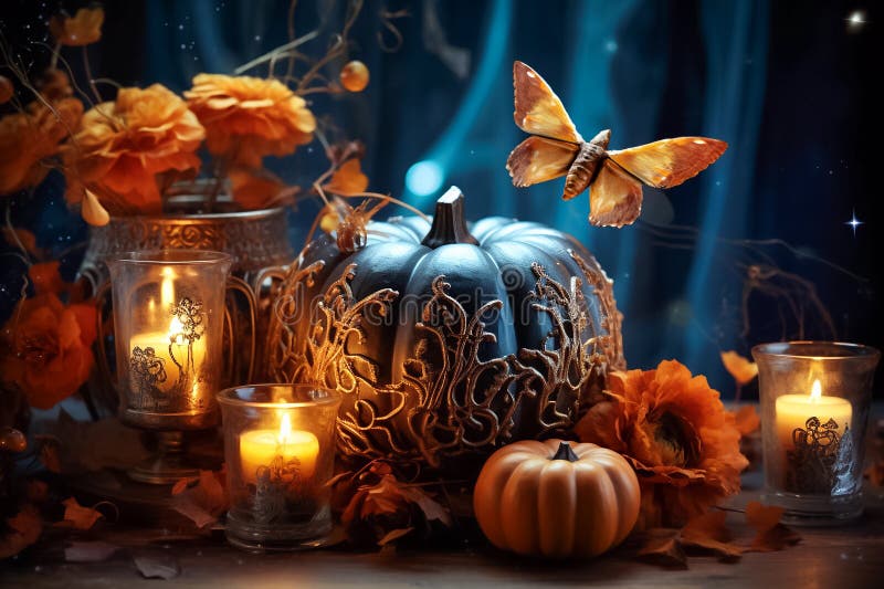 Splendido sfondo di composizione orizzontale di halloween con zucche di fiori di farfalla e candele di retromarcia in blu e aranci royalty illustrazione gratis