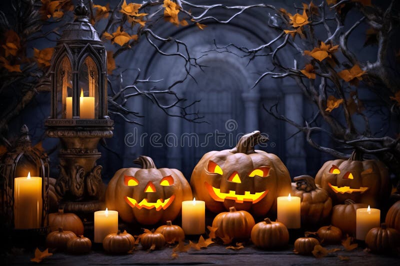 Splendido sfondo di vacanze a composizione orizzontale di halloween con zucche e candele di colore blu e arancione. illustrazione di stock