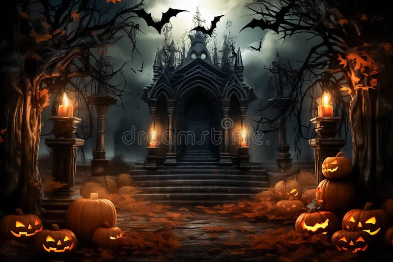 Splendido sfondo festivo a composizione orizzontale di halloween con le zucche e le candele di un castello. buio in arancione illustrazione di stock