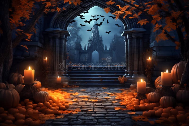 Splendido sfondo festivo per la composizione orizzontale di halloween con le zucche e le candele di un castello. oscurità dietro illustrazione vettoriale