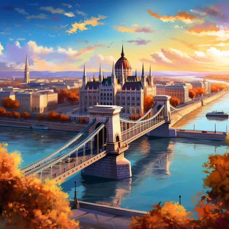 Splendor architektoniczny budapesztu : budynek parlamentu węgierskiego i most łańcuchowy royalty ilustracja