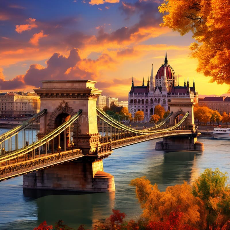 Splendor architektoniczny budapesztu : budynek parlamentu węgierskiego i most łańcuchowy ilustracja wektor