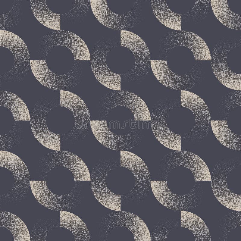 Vector abstract seamless pattern with halftone split circles and stipple gradient texture. Bold geometric design with repeat symmetry. Retro styled 50s 60s wallpaper or fashion textile background. Vector abstract seamless pattern vectors