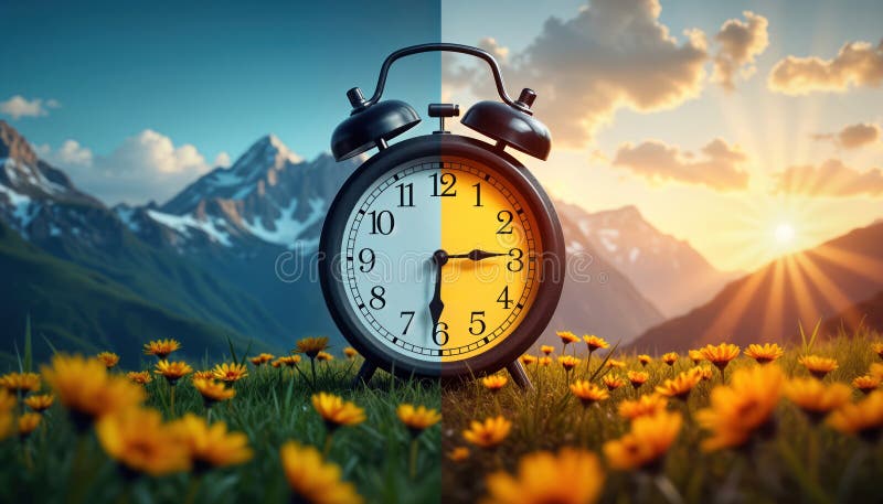 Split image displays daylight saving time concept. Clock face shows day, night side by side. Mountain landscape with flowers royalty free illustration