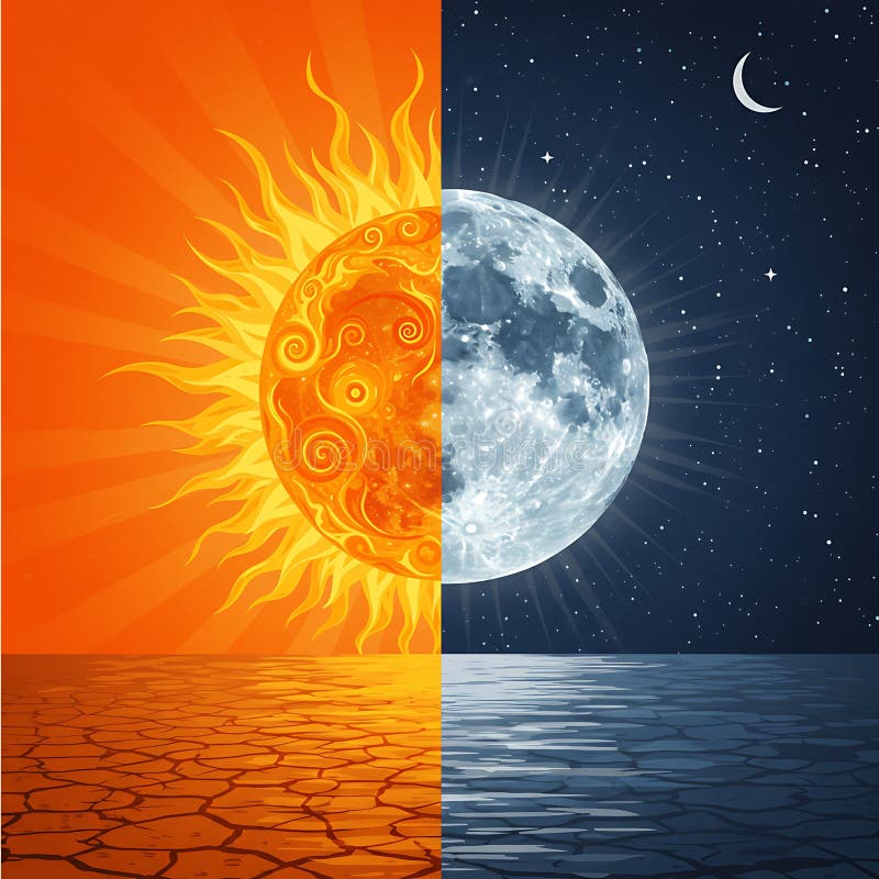 A split image featuring the sun and moon. The left side displays a vibrant, swirling royalty free illustration