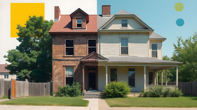 Split-image house, one half weathered and aged, the other bright and renovated stock illustration