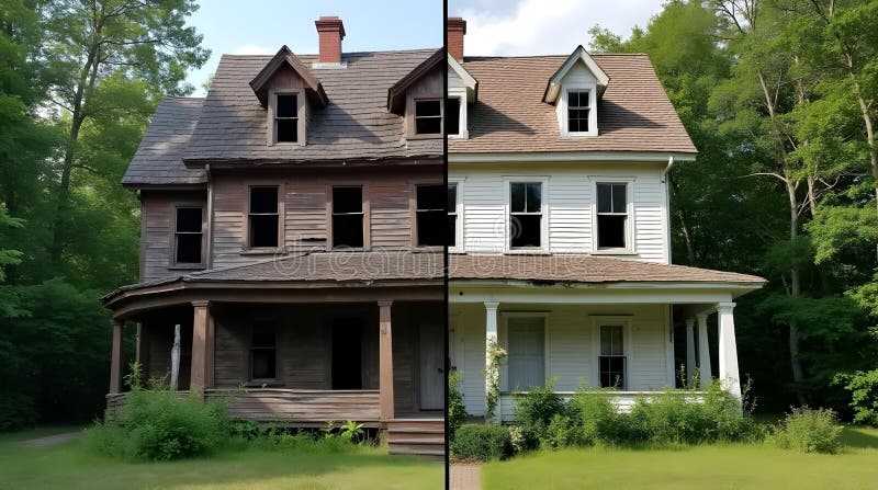 Split-image house, one half weathered and aged, the other bright and renovated stock illustration