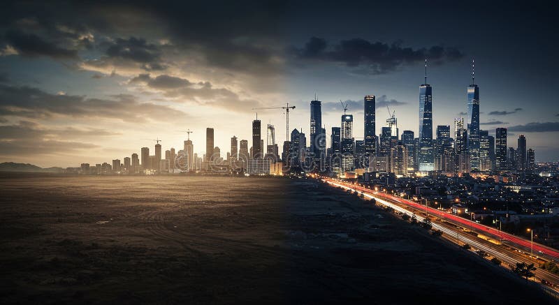 A split image portrays contrasting urban landscapes. The left side shows a royalty free illustration