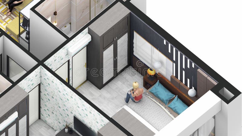 4 bed Family apartment isometric bedroom close up render. 4 bed Family apartment isometric bedroom close up render.