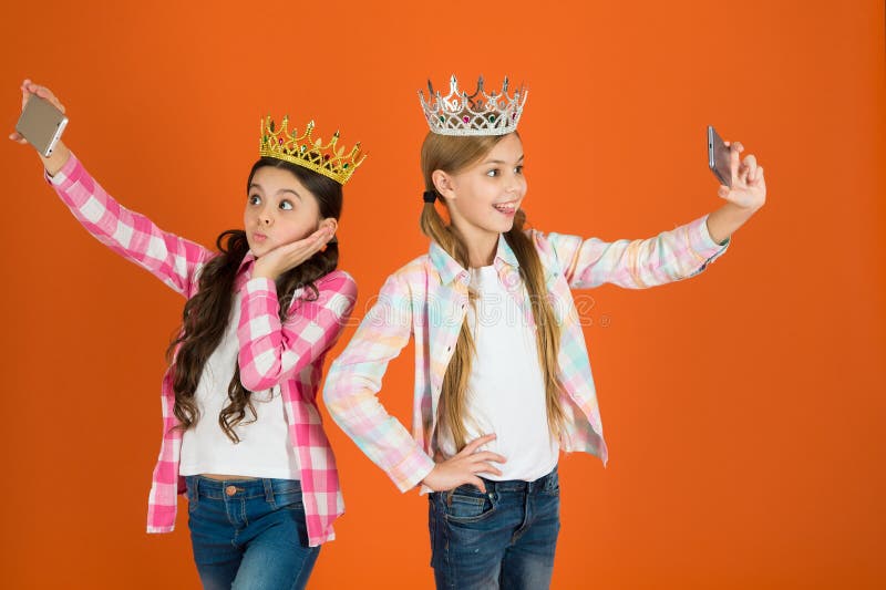 Spoiled children concept. Egocentric princess. Kids wear golden crowns symbol princess. Warning signs of spoiled child