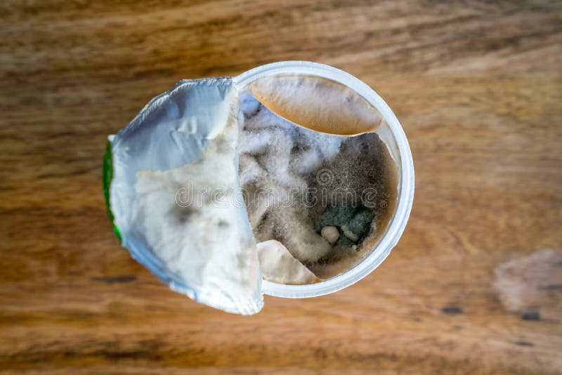 Plastic cup with spoiled sour cream covered with mold. Plastic cup with spoiled sour cream covered with mold